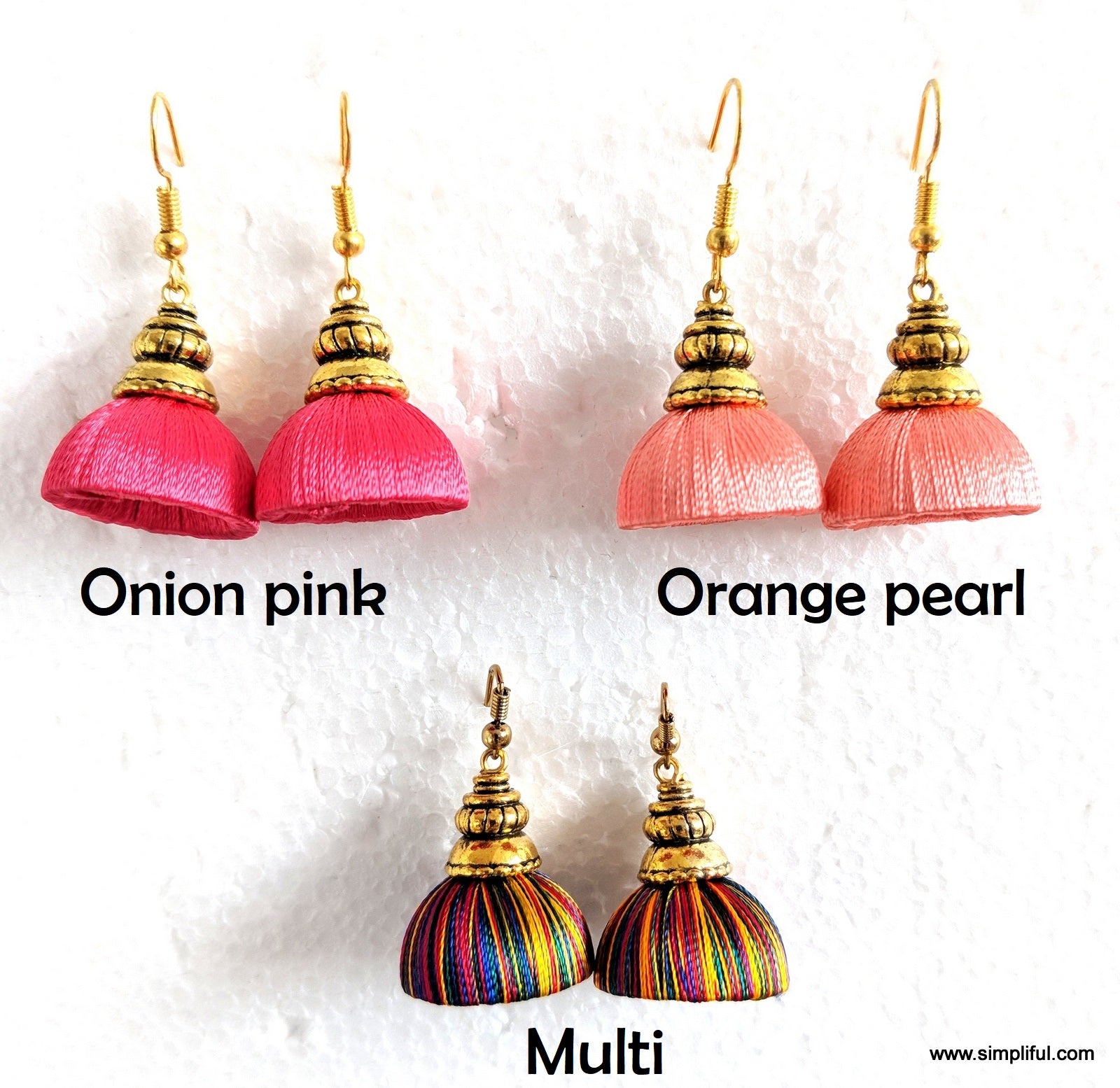 Gold Earrings with Three Small Jhumkas Drops – Bollywood Wardrobe
